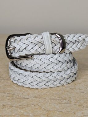 Vintage Genuine Leather White Woven Belt Silver Tone Buckle Size M/L